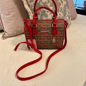 Juicy Couture Red and Brown Cherry Crossbody Bag with Monogram Pattern